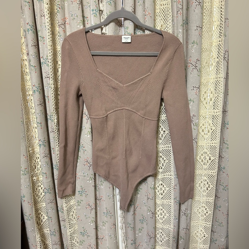 Abercrombie Ribbed Corset Bodysuit Long Sleeve Taupe Size Large